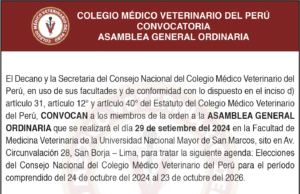 Convocatoria a Asamblea General Ordinaria del Colegio Médico Veterinario del Perú